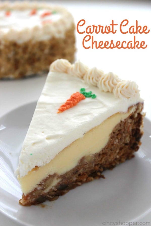 Carrot Cake Cheesecake - moist carrot cake with a hint of pineapple, coconut, raisins, and walnuts wrapped in a delicious cheesecake and then topped off with a perfect cream cheese frosting. Perfect Easter dessert. 