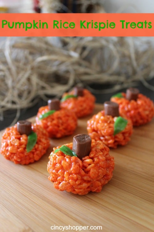 pumpkin shaped rice krispie treats with a toostie roll as stem