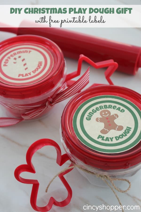 DIY Christmas Play Dough - Inexpensive gift for kids. Peppermint and Gingerbread Play Dough. Place in inexpensive disposable dishes, add a ribbon and cookie cutter plus Printable label.