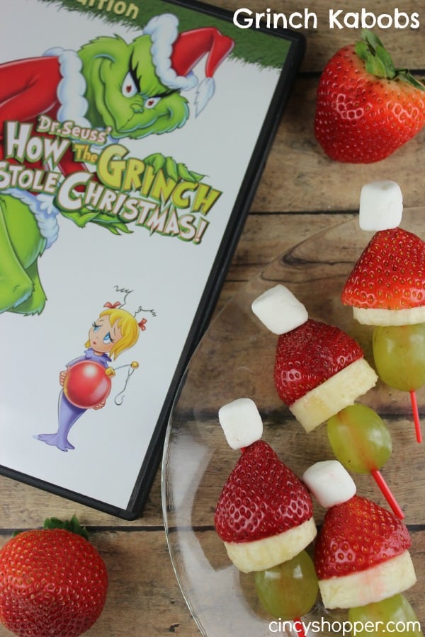 Grinch Kabobs- Fun Treat this holiday season. Enjoy a healthy snack while having a Dr Seuss' How the Grinch Stole Christmas Family night! 