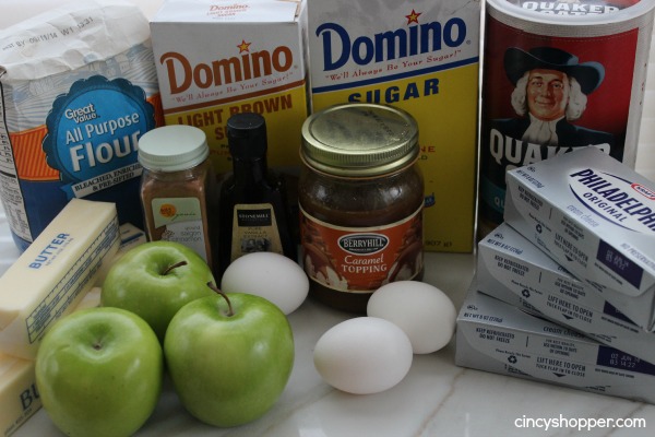 Ingredients to make Caramel Apple Cheesecake Bars.