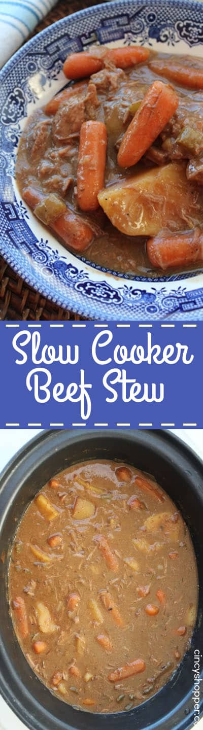 Beef Stew in a bowl and a Slow Cooker.