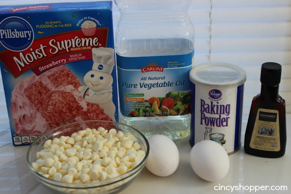 Ingredients to make Strawberry Cake Mix Cookies