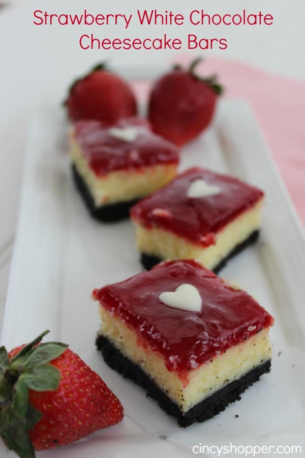 Strawberry White Chocolate Cheesecake Bars- make for a great Valentine's Day dessert.