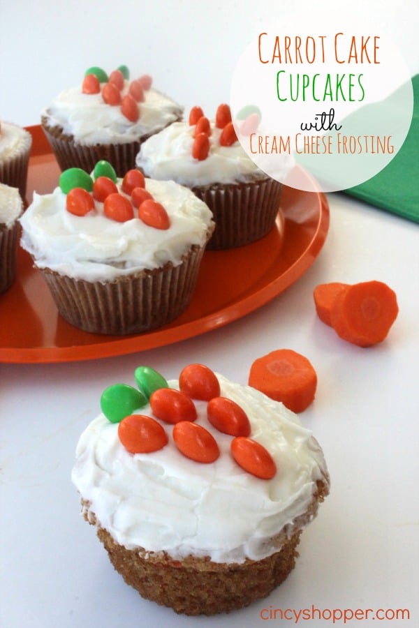 Carrot Cake Cupcakes with Cream Cheese Frosting Recipe- Great dessert idea for Easter. Less fuss than a traditional cake.