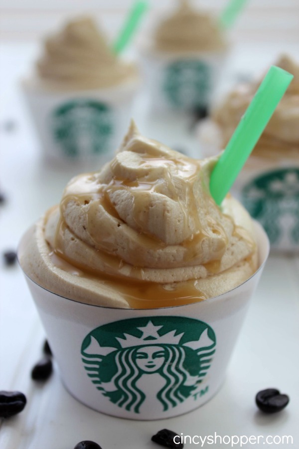 Starbucks Caramel Frappuccino Cupcakes plus a free printable cupcake wrapper. If you are a fan of the drink... you will love this cupcake!