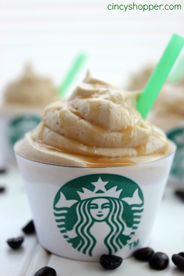 Starbucks Caramel Frappuccino Cupcakes plus a free printable cupcake wrapper. If you are a fan of the drink... you will love this cupcake!