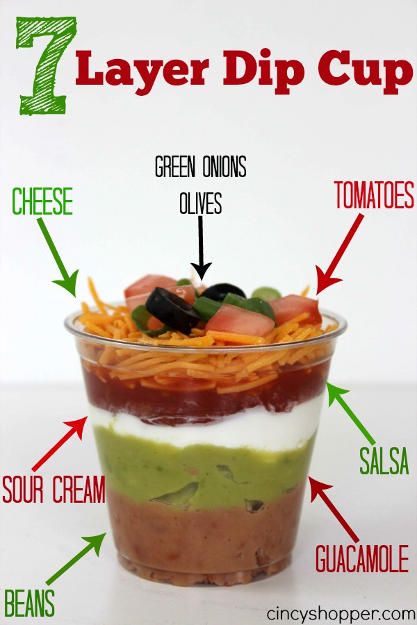 Text on image of 7 Layer Dip Cup.