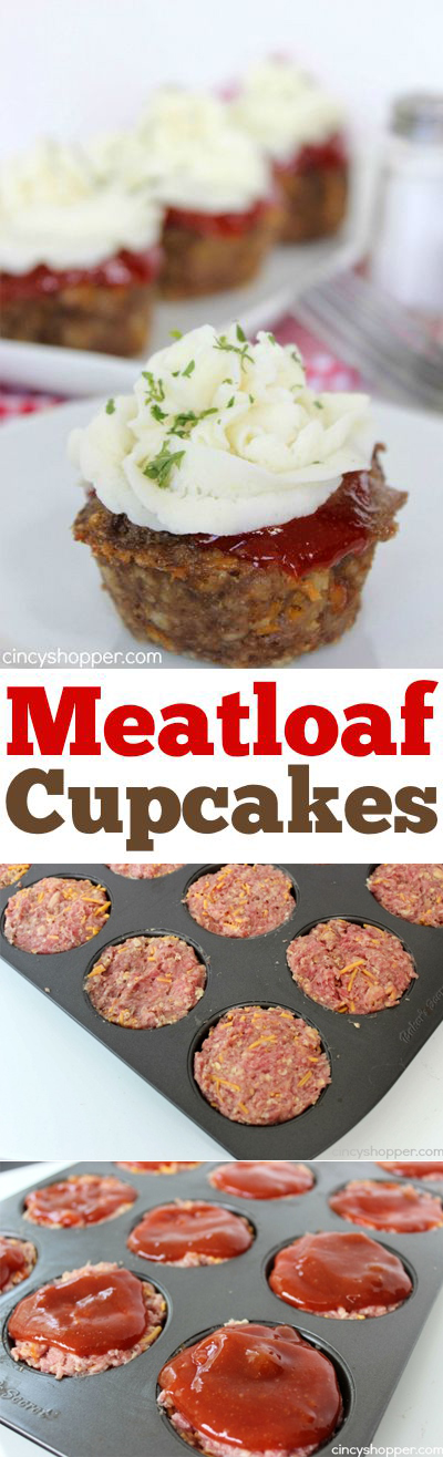 Meatloaf Cupcakes -Super fun twist on traditional meatloaf. Serve these mashed potato topped meatloaves for family dinner or great for a crowd.