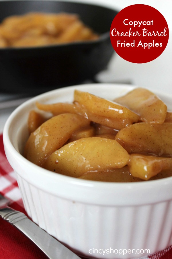 Fried apple in a white bowl. Text Bubble Copycat Cracker Barrel Fried Apples