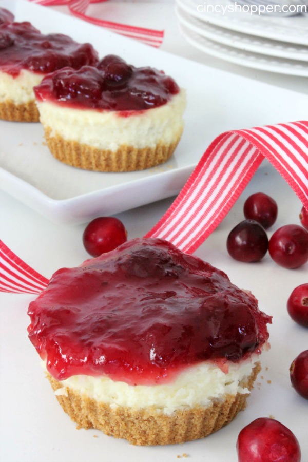 Mini Cranberry Cheesecakes Recipe. Perfect individual cheesecakes topped with cranberry yumminess. Great for the holiday dessert table! 