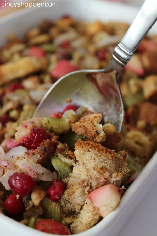 Cranberry Apple Walnut Stuffing Recipe- This not a plain herb stuffing that you are most likely use to. This dressing is loaded up with the yummy flavors of cranberries, apples and walnuts. Perfect Thanksgiving and Christmas Side Dish.