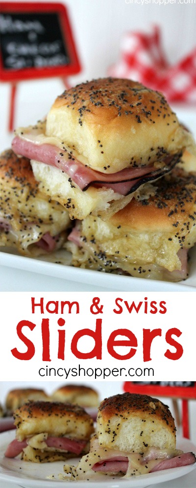 Ham and Swiss Sliders Recipe- Loaded with ham, swiss cheese and a mustard sauce all baked up to perfection. These sandwiches are delicious and over the top messy (in a good way). Perfect for game day or any party you are looking to serve up a tasty slider to