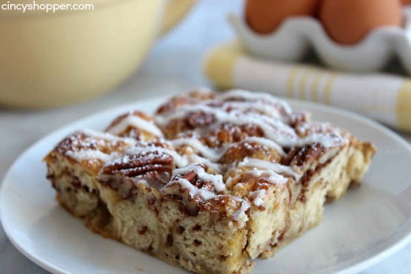 Cinnamon Roll French Toast Casserole- Yup, your store bought cinnamon rolls meet up with French Toast in a gooey breakfast casserole that everyone will enjoy.