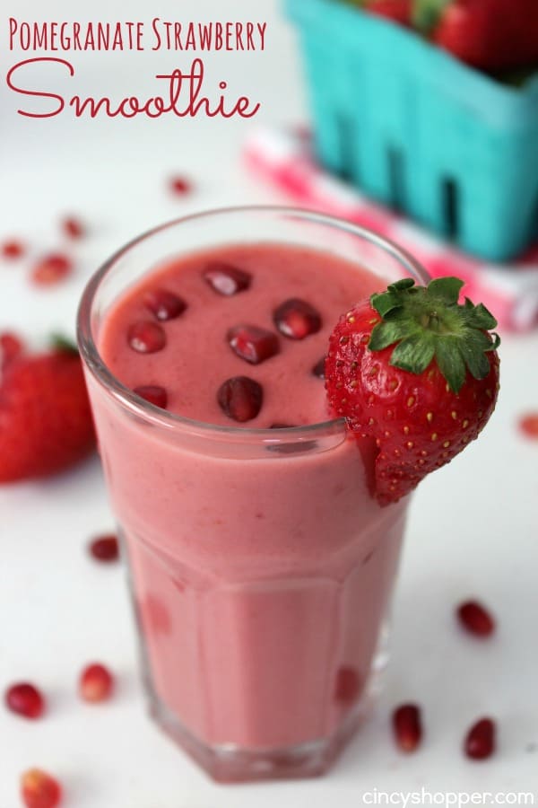 Pomegranate Strawberry Smoothie Recipe- Enjoy for breakfast or all day long! Packed with vitamins that will make you feel great!