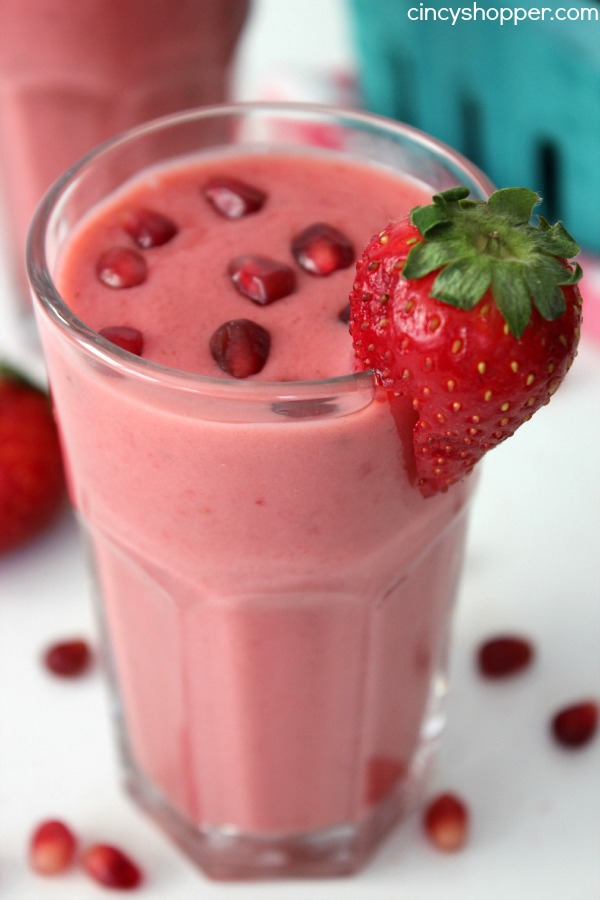 Pomegranate Strawberry Smoothie Recipe- Enjoy for breakfast or all day long! Packed with vitamins that will make you feel great!