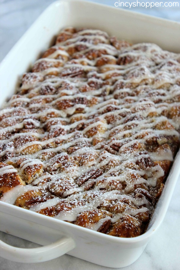 Cinnamon Roll French Toast Casserole- Yup, your store bought cinnamon rolls meet up with French Toast in a gooey breakfast casserole that everyone will enjoy.