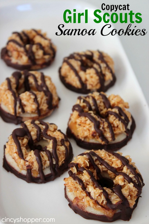 CopyCat Girl Scout Somoa Cookies- Satisfy your cravings all year! Yummy shortbread cookie topped with caramel, toasted coconut and a chocolate coating.