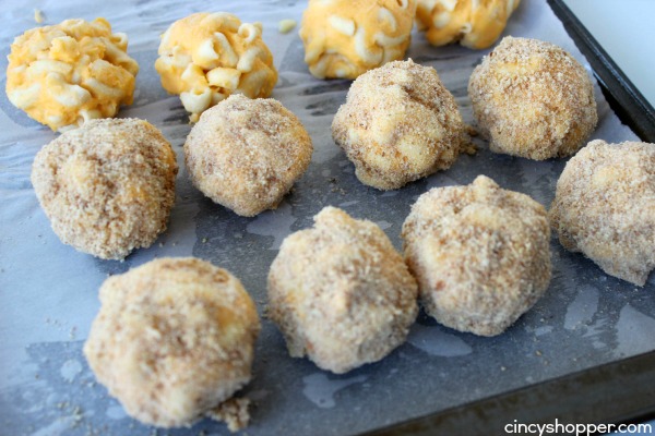 Fried Mac & Cheese- Kiddo and adult friendly appetizer. Serve these "bombs" with some marinara and you will please the whole crowd. Great for using up the leftover macaroni and cheese!
