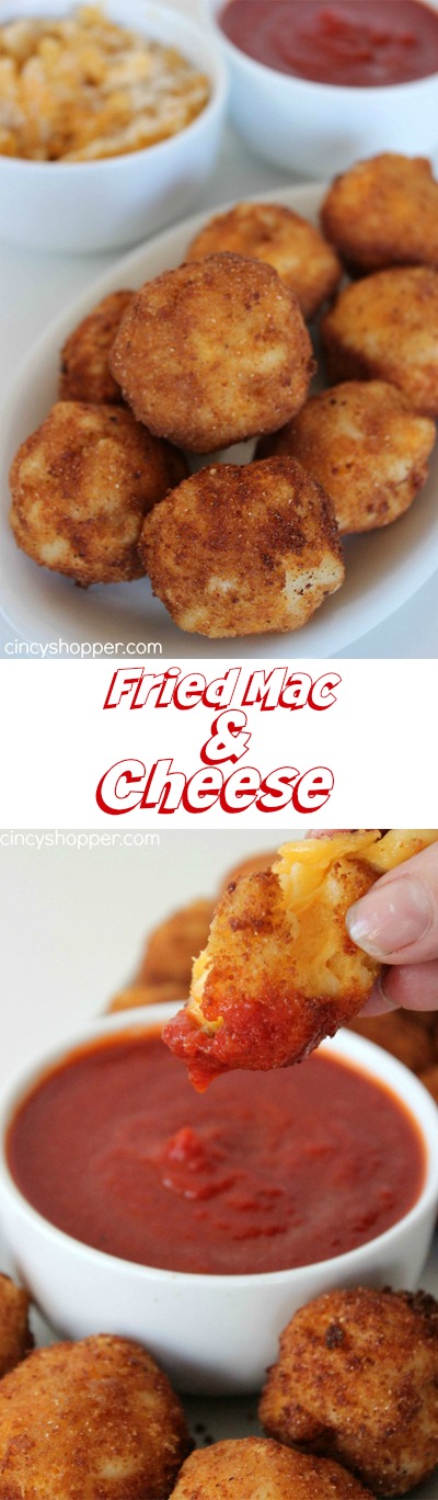 Fried Mac & Cheese- Kiddo and adult friendly appetizer. Serve these "bombs" with some marinara and you will please the whole crowd. Great for using up the leftover macaroni and cheese!