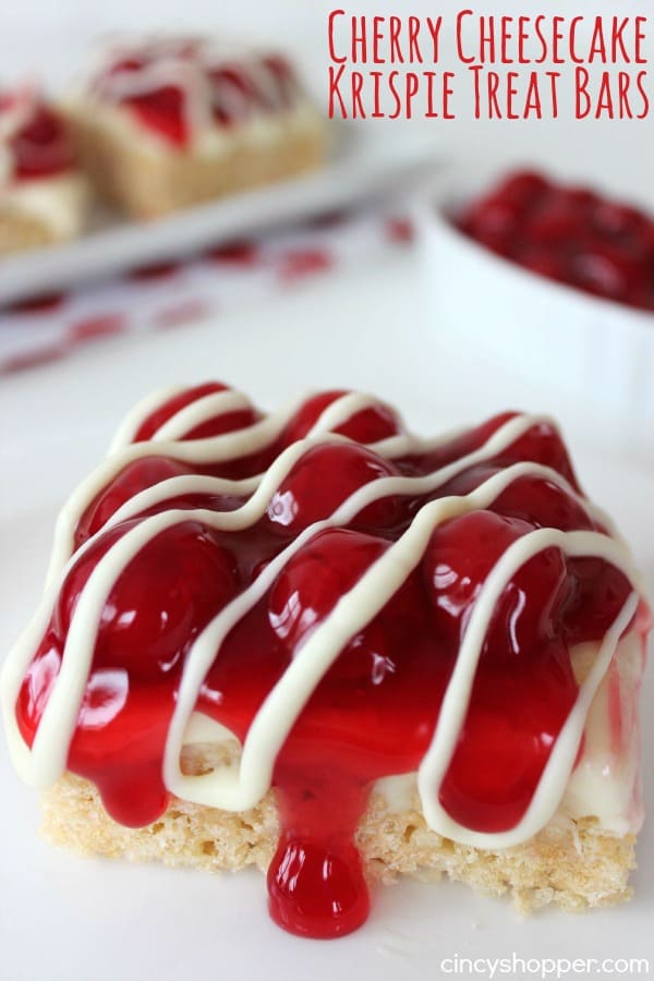 Cherry Cheesecake Krispie Treat Bars- An over the top delish cheesecake treat! Load them up with your favorite cheesecake fruit.