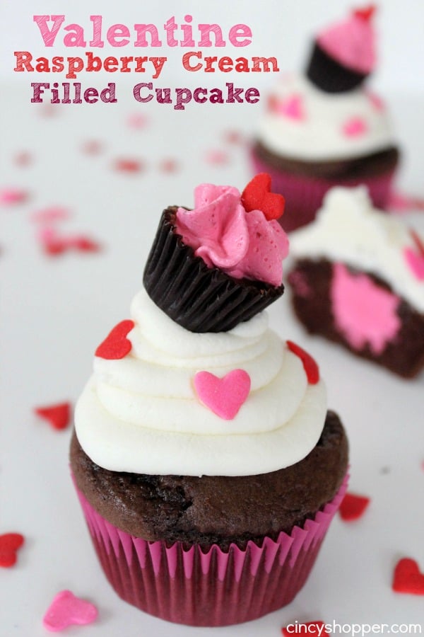 Valentine Raspberry Cream Filled Cupcakes with a Cupcake Topper- Super easy, cute and perfect to serve up for a classroom or office party.