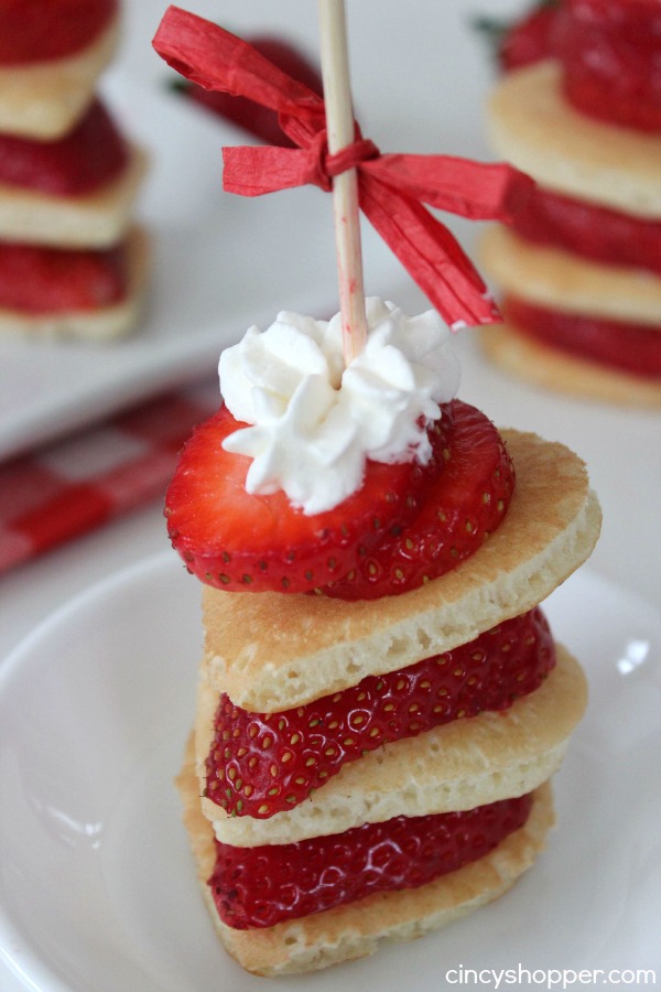 Heart Pancake Skewers- Super simple breakfast idea. Perfect for Valentine's Day or even Mother's Day breakfast.