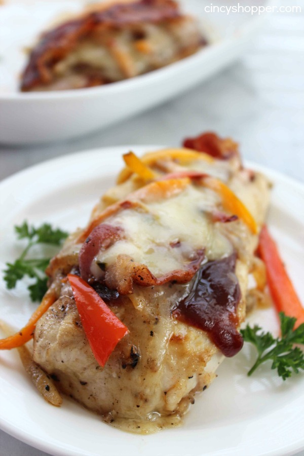 Pepper Jack Chicken with Bacon- Kick up your chicken breast loaded with peppers, onions, BBQ sauce, pepper jack cheese and BACON!