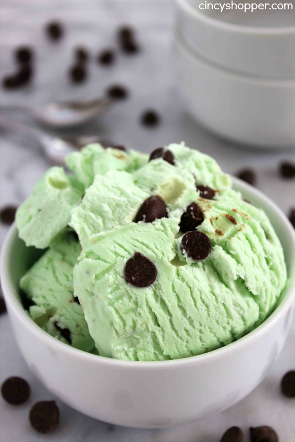 No Churn Mint Chocolate Chip Ice Cream- Just a couple of ingredients and a few minutes time. No ice cream maker is needed to make this minty chocolate chip goodness.