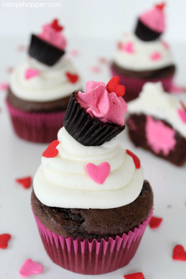 Valentine Raspberry Cream Filled Cupcakes with a Cupcake Topper- Super easy, cute and perfect to serve up for a classroom or office party.