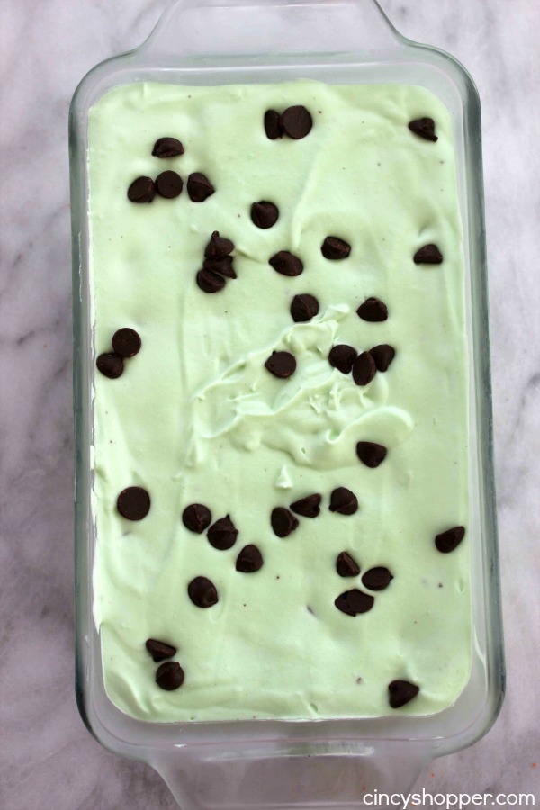 No Churn Mint Chocolate Chip Ice Cream- Just a couple of ingredients and a few minutes time. No ice cream maker is needed to make this minty chocolate chip goodness.
