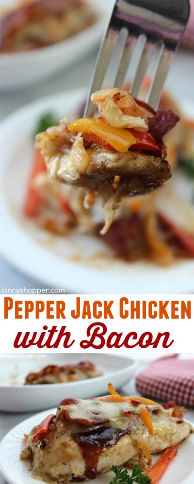 Pepper Jack Chicken with Bacon- Kick up your chicken breast loaded with peppers, onions, BBQ sauce, pepper jack cheese and BACON!