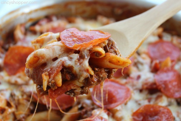 One Pot Pepperoni Pizza Pasta- Super Simple and inexpensive too. All the flavors of your favorite pizza in a pasta dish. All ingredients can be purchased at Aldi for under $8 and feed a larger family. 