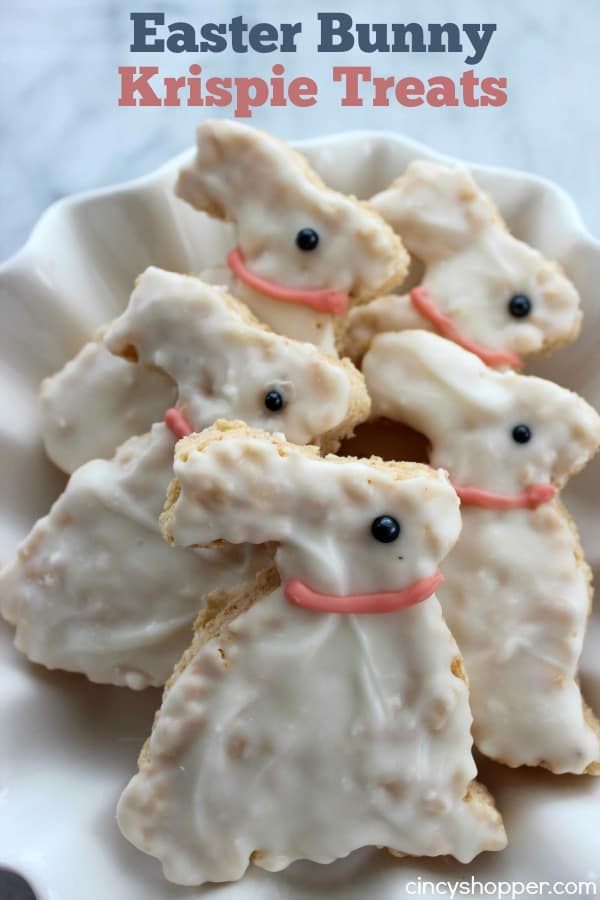 These Easter Bunny Krispie Treats will make for a great dessert, Easter basket addition or snack this holiday season. Super inexpensive and SUPER easy!