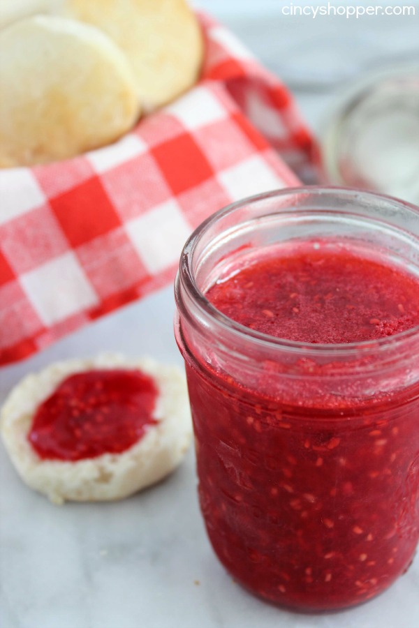 No Cook Raspberry Freezer Jam- Super Simple. Ready in just a few minutes time. Great on PB&J, Biscuits, etc. So Much better than store bought!
