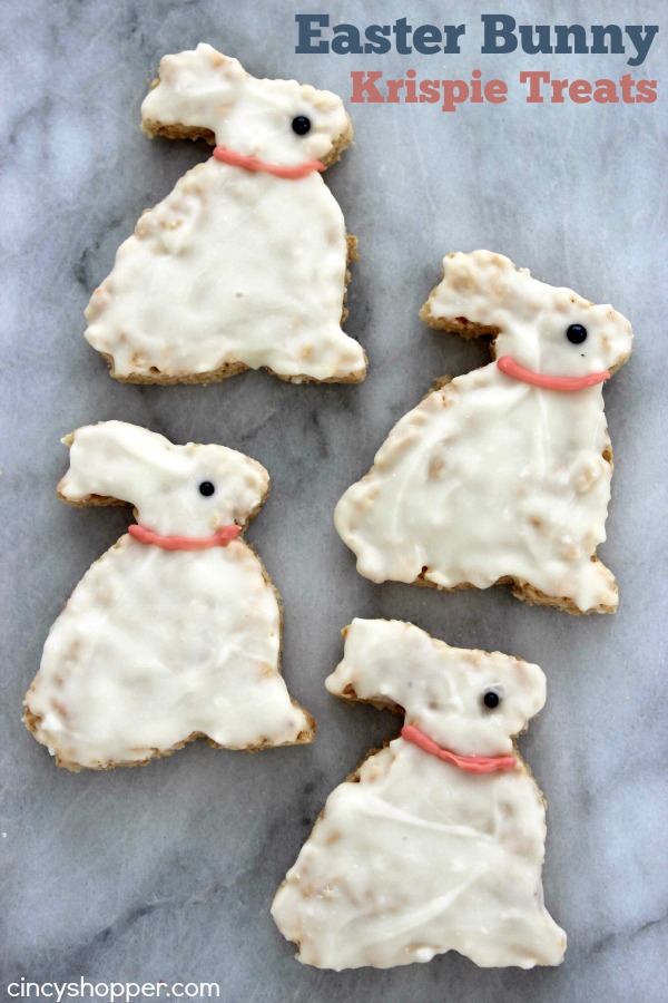 These Easter Bunny Krispie Treats will make for a great dessert, Easter basket addition or snack this holiday season. Super inexpensive and SUPER easy!