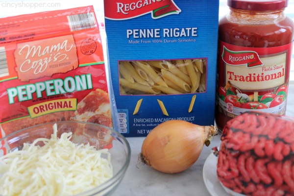 One Pot Pepperoni Pizza Pasta- Super Simple and inexpensive too. All the flavors of your favorite pizza in a pasta dish. All ingredients can be purchased at Aldi for under $8 and feed a larger family. 