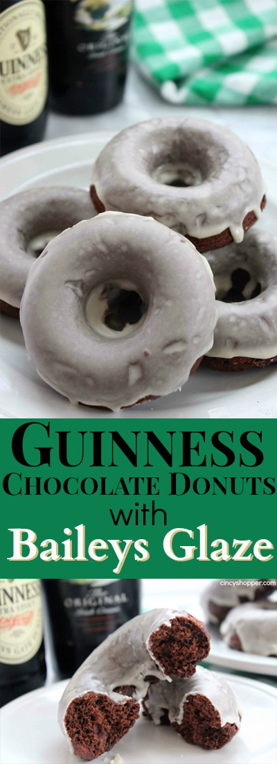 Guinness Chocolate Donut with Baileys Glaze- Perfect donut to start your St. Patrick's Day celebrations! The Guiness in the batter really brings out the flavor of the chocolate in the donut. The Baileys glaze is an amazing touch.