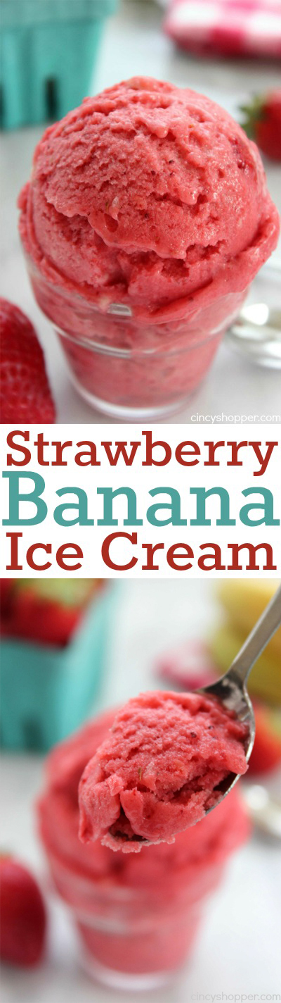 Easy Strawberry Banana Ice Cream- Just 3 Simple ingredients and no ice cream maker needed for this yummy summer treat.