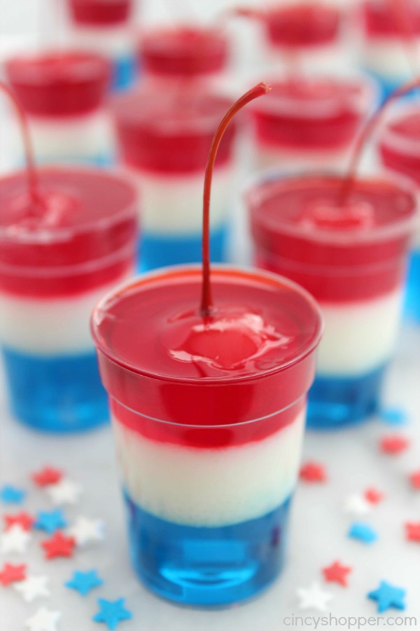 These Red, white, and blue 4th of July Firecracker Jell-O Cups will be the hit at your Independence Day celebrations. Super simple layers of Jell-O in small cups with a cherry on top to resemble a firecracker.