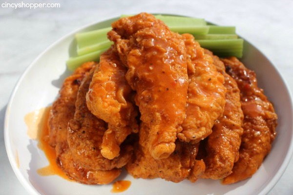 Buffalo Chicken Strips- perfect as an appetizer, on a sandwich, in a wrap or in a salad