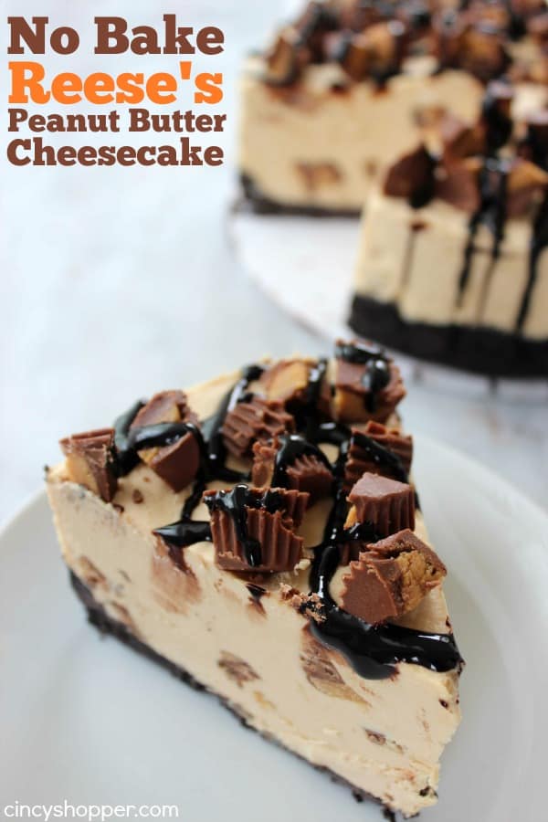 No Bake Reese's Peanut Butter Cheesecake loaded with smooth and creamy peanut butter plus yummy Reese's Peanut Butter Cups in just about every single bite.