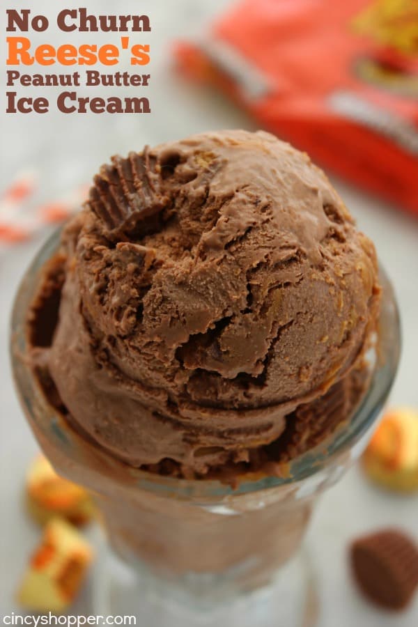 No Churn Reese's Peanut Butter Ice Cream- chocolate, peanut butter swirls and Reese's loaded into this yummy homemade cold treat.