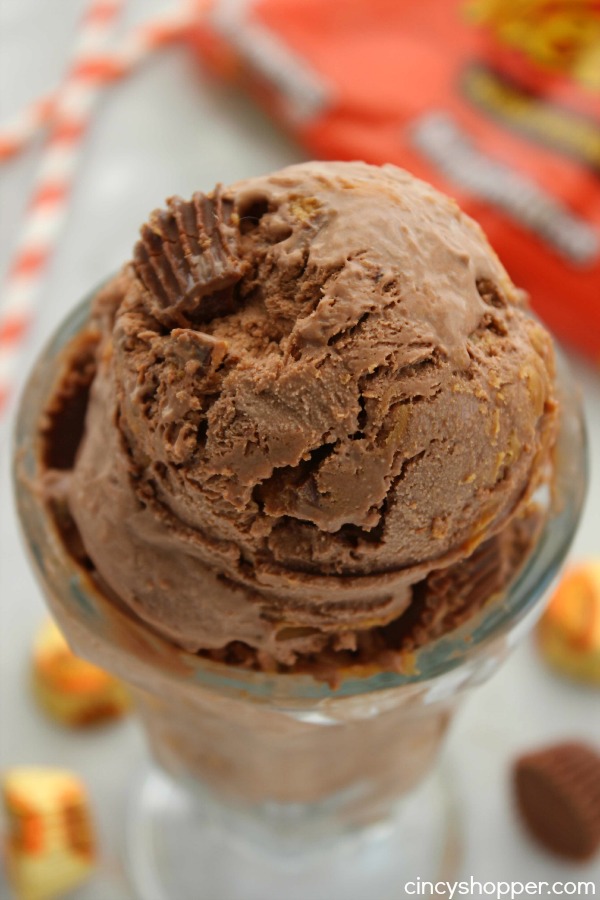 No Churn Reese's Peanut Butter Ice Cream- chocolate, peanut butter swirls and Reese's loaded into this yummy homemade cold treat.