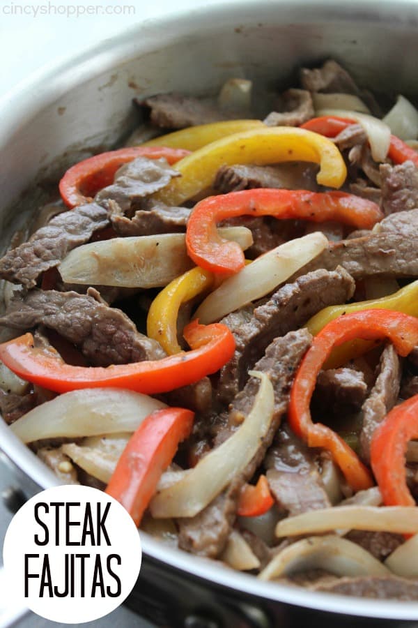 Sizzling Steak Fajitas- Loaded with peppers and onions. Enjoy a Mexican dinner at home. All ingredients can be purchased at Aldi for under $13 and feed a larger family.