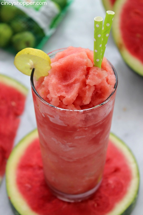 Watermelon Key Lime Slushie- Just three simple ingredients are needed to make this refreshing. Perfect for summer bbq's.