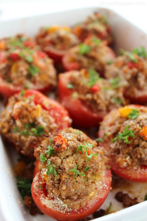 Ground Pork Stuffed Tomatoes- Perfect summer time family meal. Great for using tomatoes from your garden. Delish!