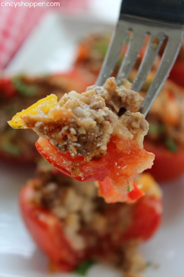 Ground Pork Stuffed Tomatoes- Perfect summer time family meal. Great for using tomatoes from your garden. Delish!