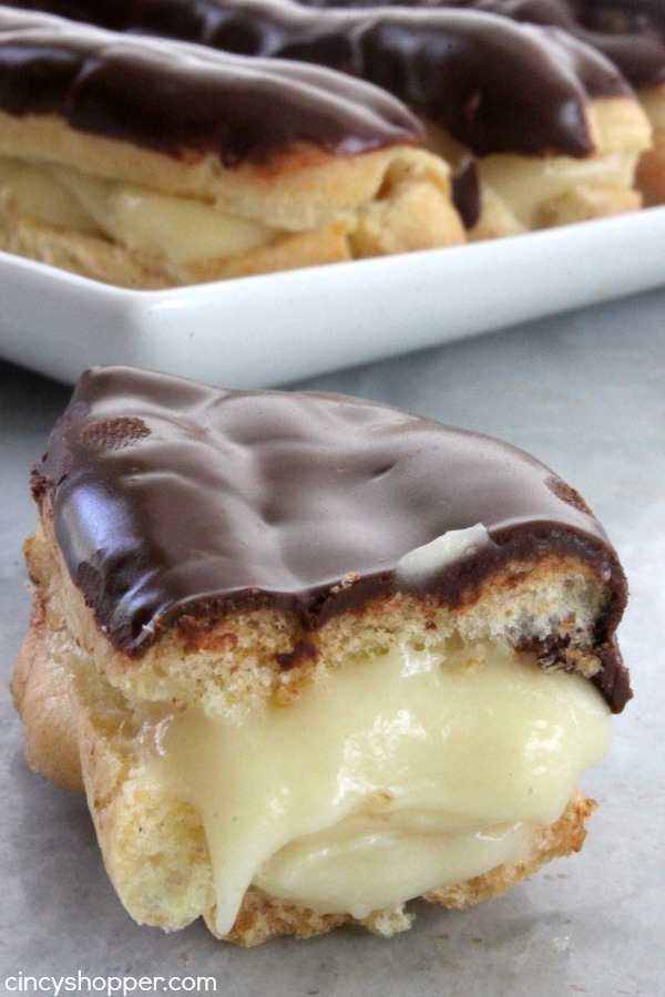 Homemade Eclairs- Easier than I thought. Filled with an easy pastry cream and topped with a yummy chocolate glaze. Does it get any better than this?