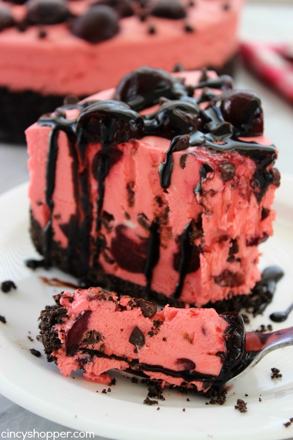 No Bake Cherry Chocolate Chip Cheesecake - Super simple no bake dessert. Loads of cherries and chocolate chips. Perfect for summer.